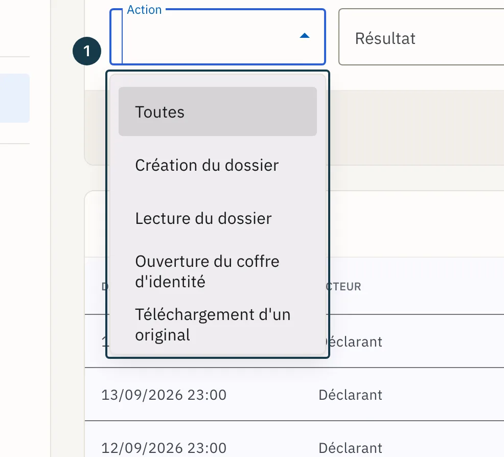 Écran «&nbsp;Journal des accès&nbsp;»&nbsp;: la liste «&nbsp;Action&nbsp;» dépliée