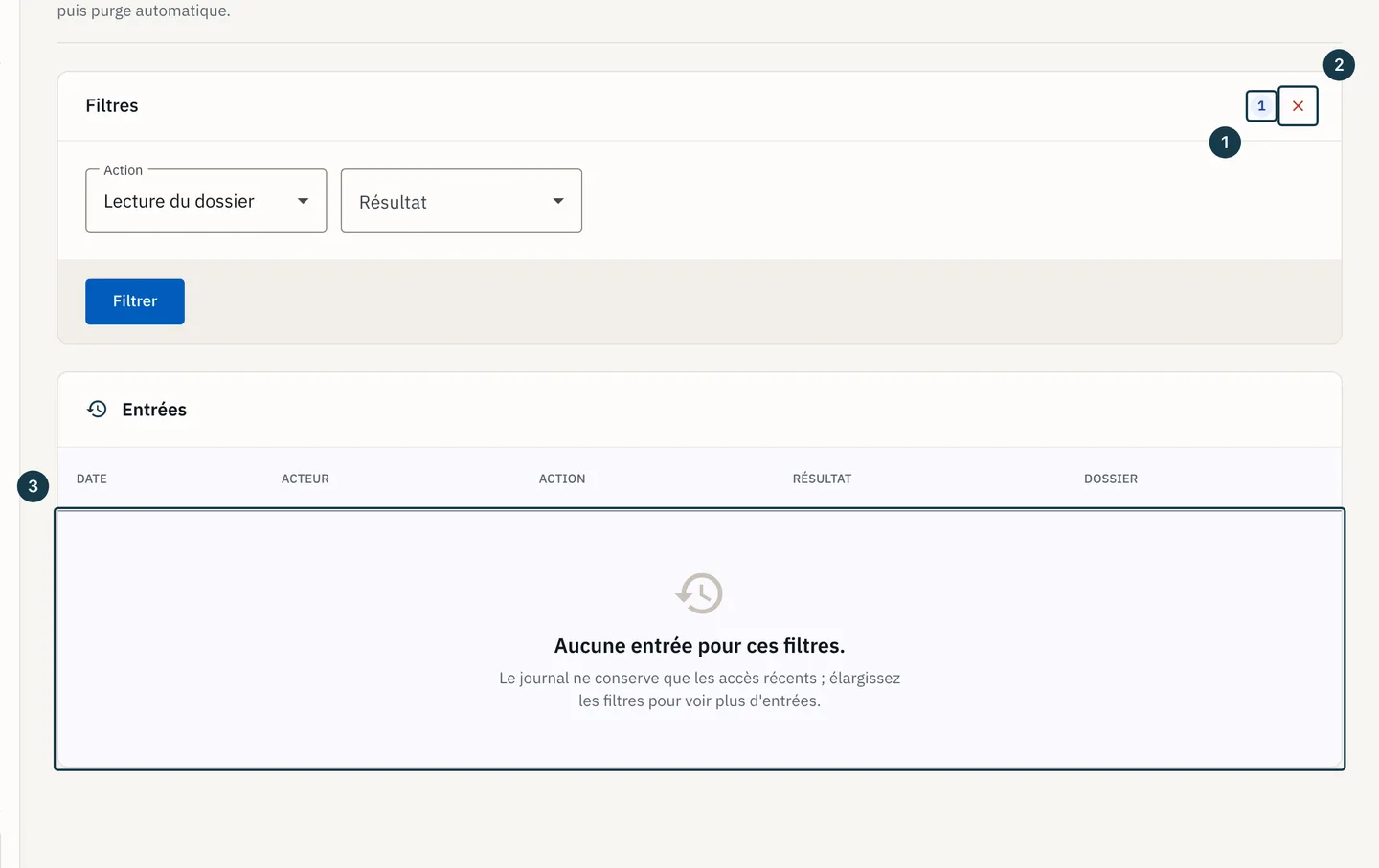 Écran «&nbsp;Journal des accès&nbsp;»&nbsp;: le tableau filtré et le compteur de filtres actifs