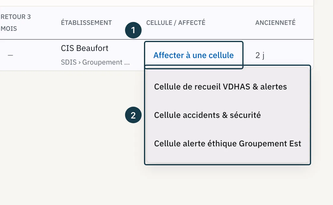 Écran « Boîte de réception » : le bouton d'affectation et la liste des cellules actives ouverte dessous