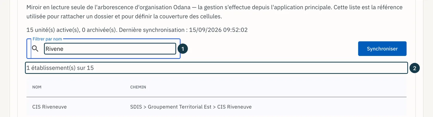 Écran « Administration » : le champ de filtre et le compteur d'établissements affichés