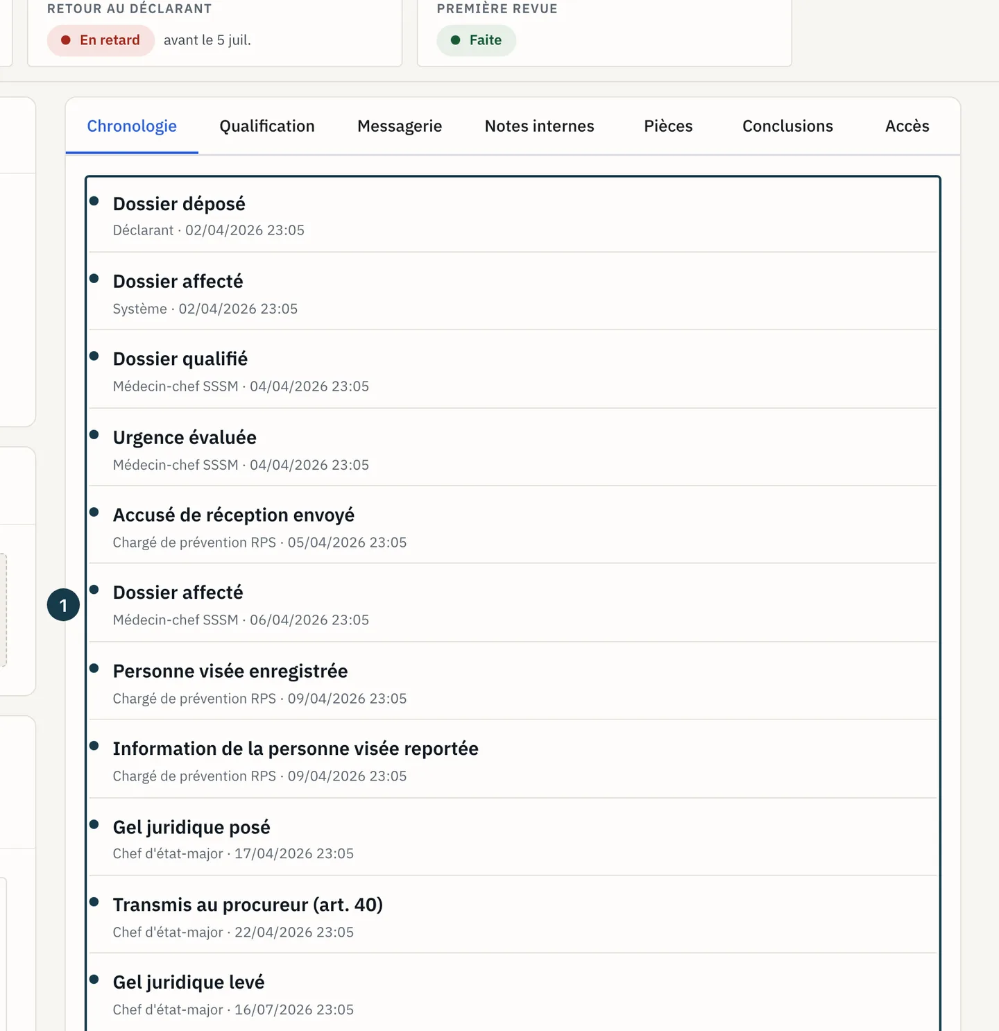 Écran du dossier : l'onglet « Chronologie » et la liste de ses événements