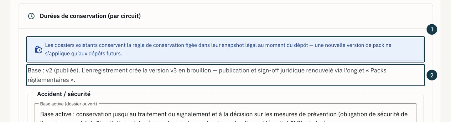 Écran « Administration » : l'encart de conservation figée et la ligne de version de base