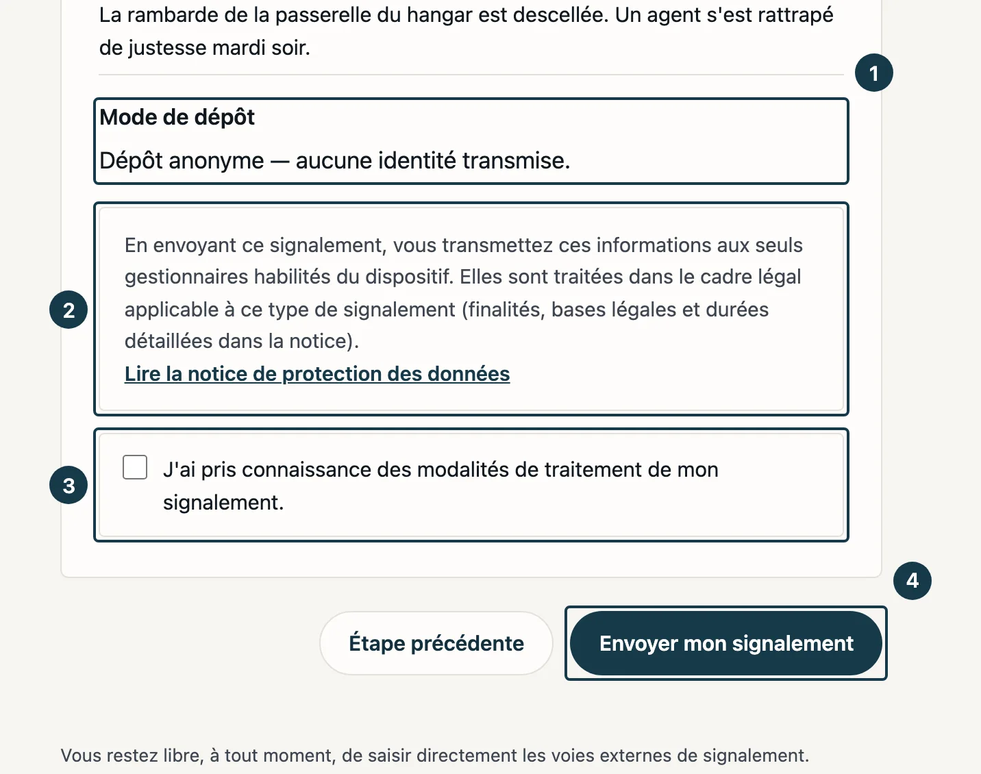 Écran du formulaire de dépôt&nbsp;: le récapitulatif, la notice de traitement et la case à cocher