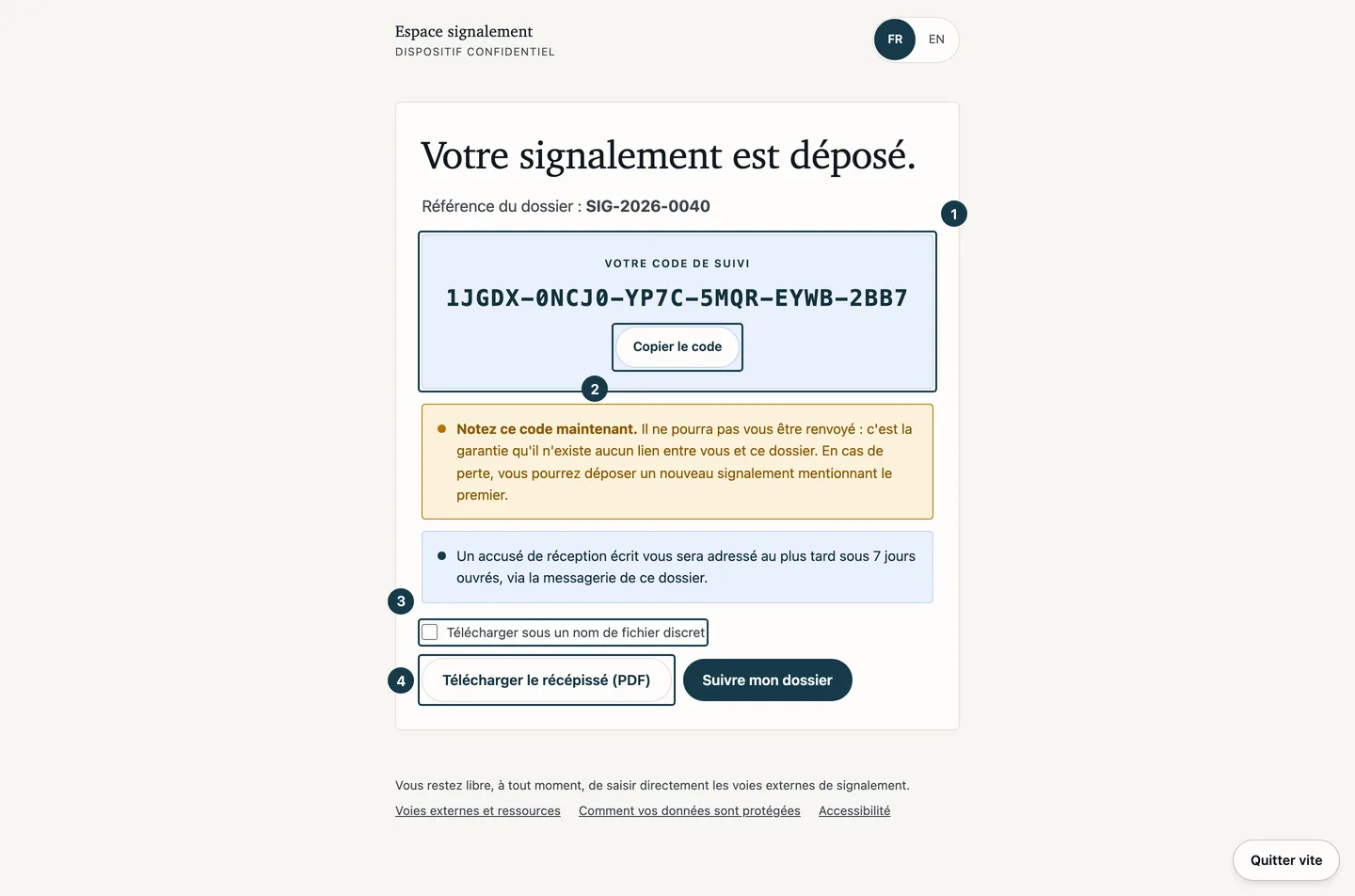 Écran du récépissé&nbsp;: la référence, le code de suivi et les deux façons de le garder