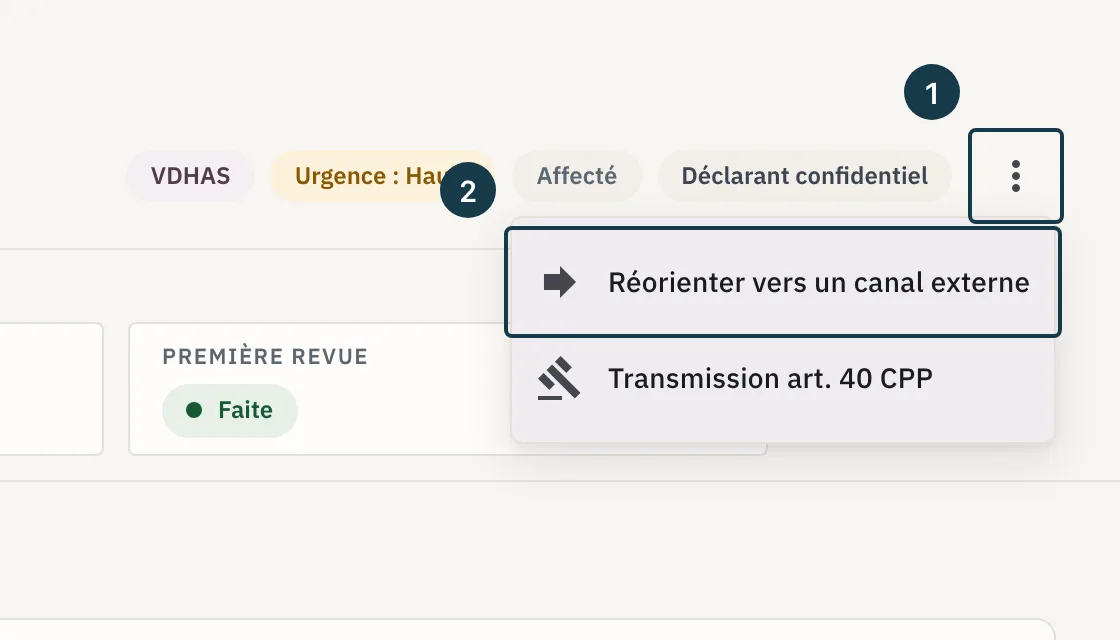 Écran d'un dossier : le menu « Actions du dossier » ouvert