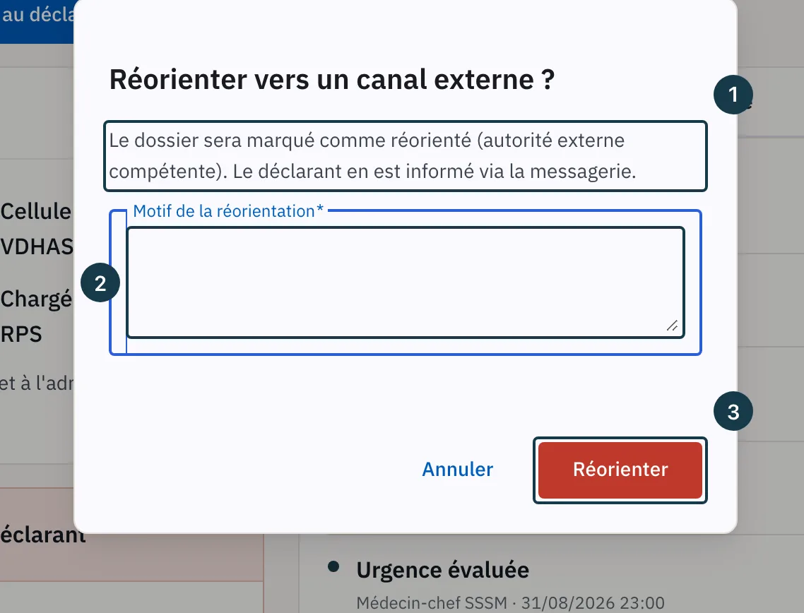 Écran d'un dossier : la fenêtre « Réorienter vers un canal externe ? »