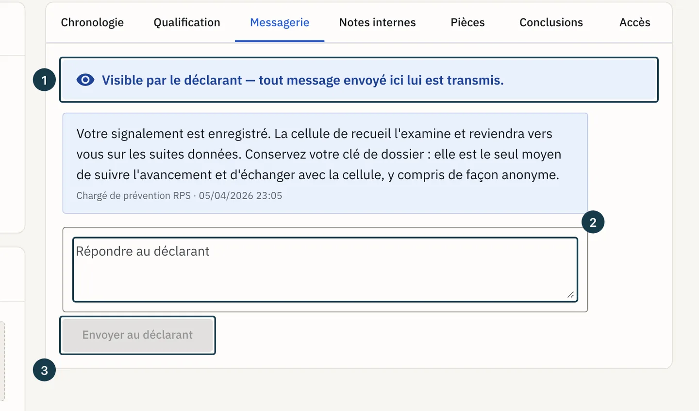 Écran du dossier : l'onglet « Messagerie », son bandeau et sa zone de saisie