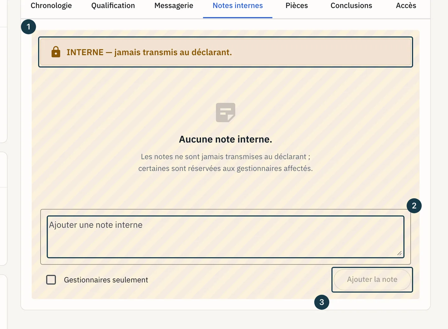 Écran du dossier : l'onglet « Notes internes », son bandeau et sa zone de saisie