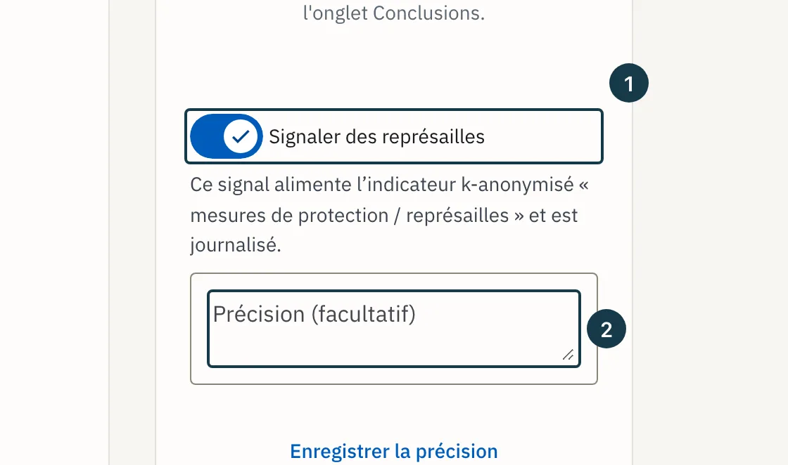 Écran du dossier : l'interrupteur activé et le champ de précision qu'il ouvre