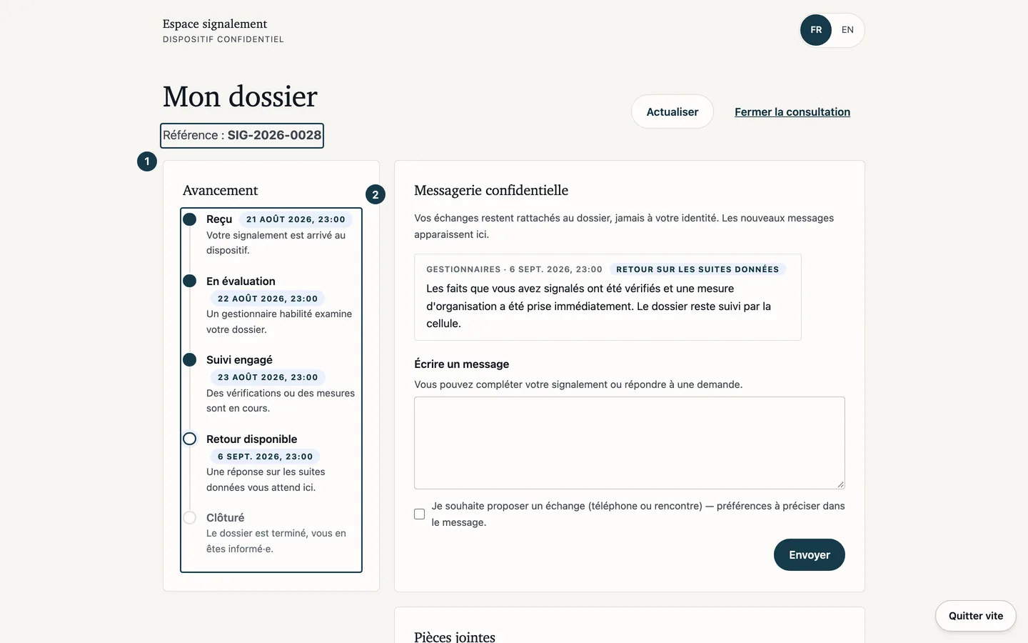 Écran « Mon dossier » : la référence et la carte « Avancement »