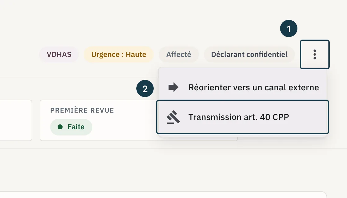 Écran d'un dossier : le menu « Actions du dossier » et son entrée de transmission