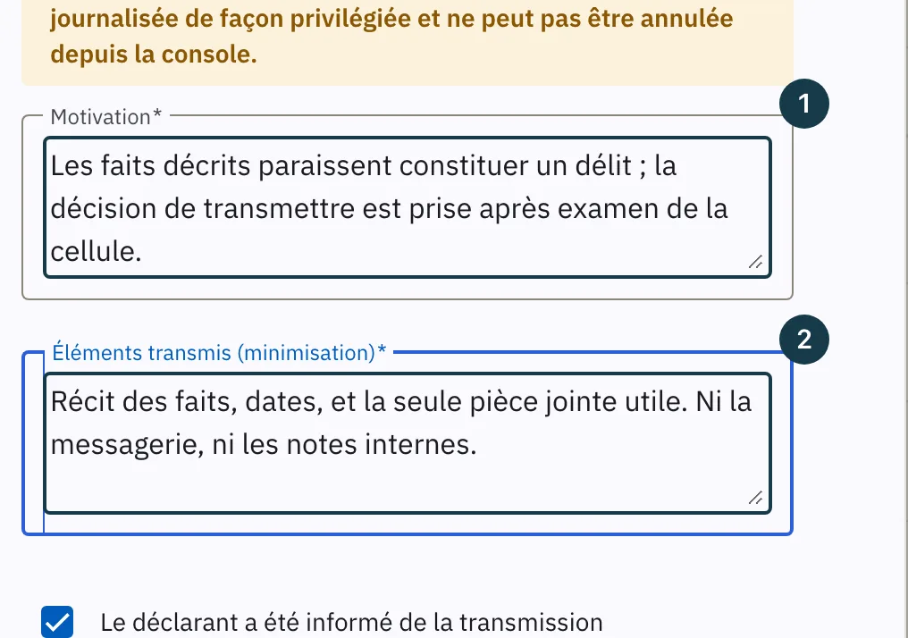 Écran d'un dossier : les deux champs obligatoires de la transmission