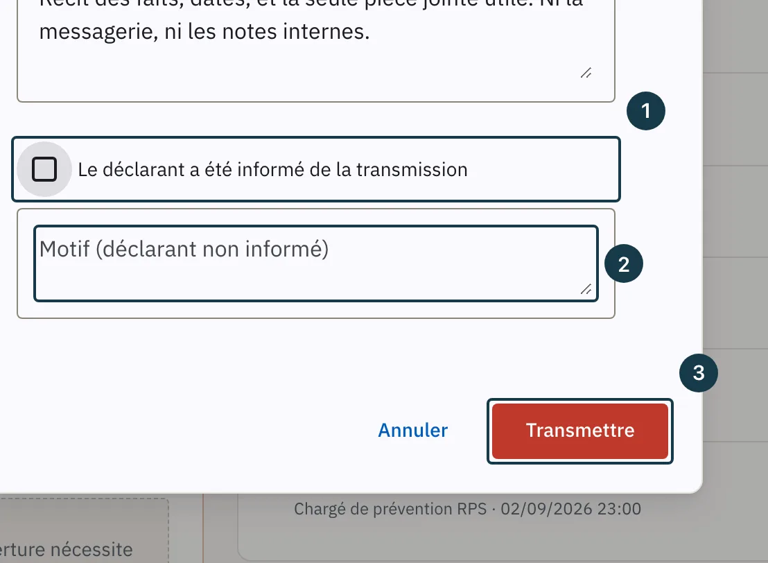 Écran d'un dossier : la case d'information du déclarant et le champ qu'elle découvre