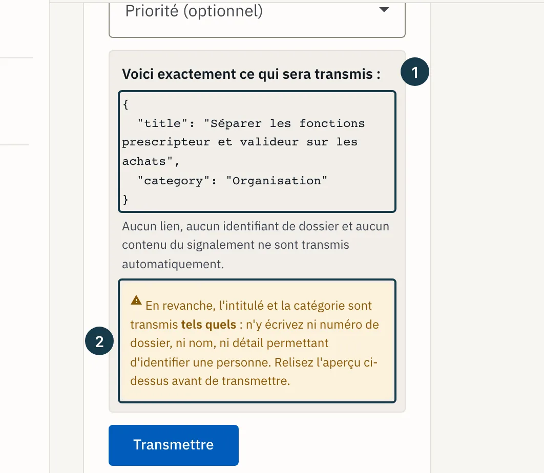 Écran d'un dossier : l'aperçu de ce qui sera transmis et son avertissement