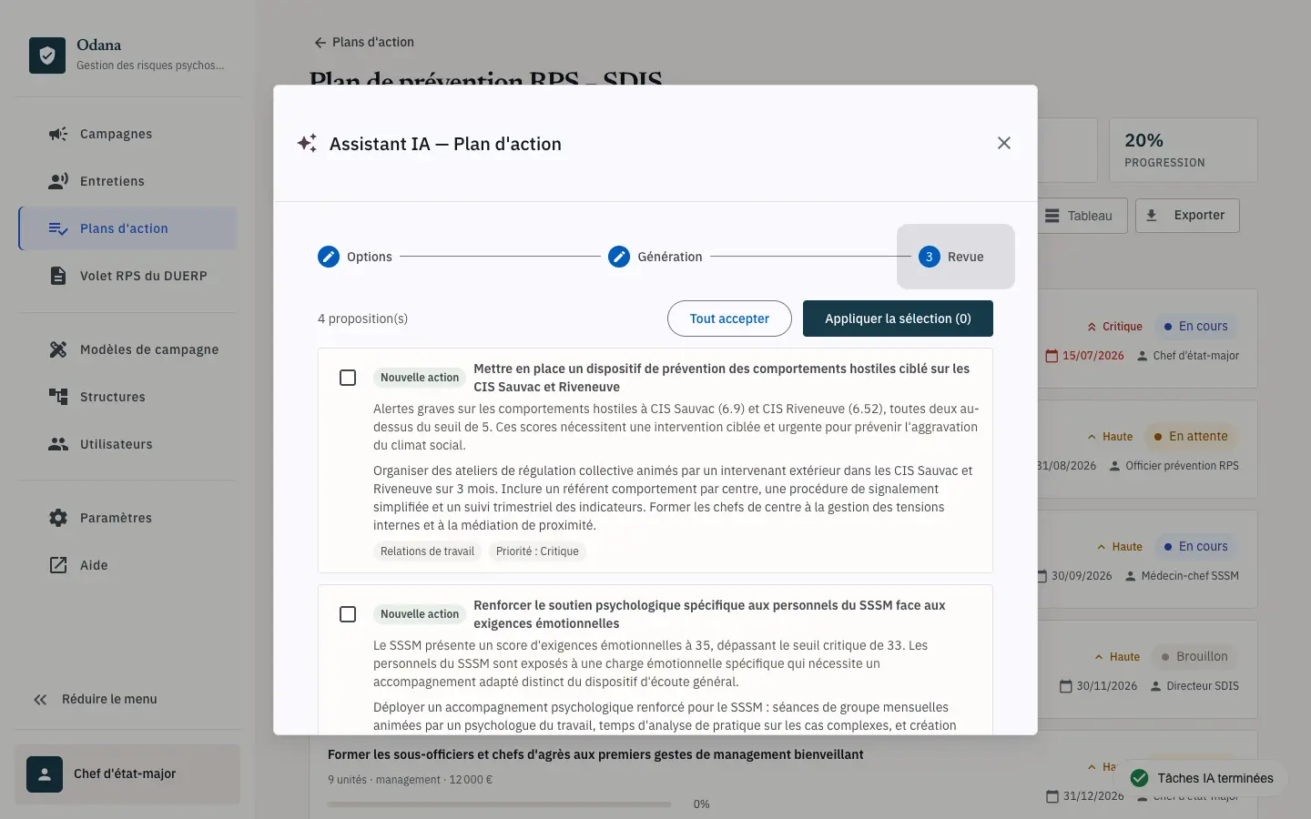 Propositions de l'assistant IA pour un plan d'action Odana, à accepter ou rejeter